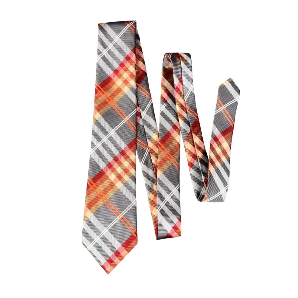 Geoffrey Beene Mens Grey Red Orange Plaid Silk Blend Necktie Standard Width